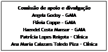 Text Box: Comissão de apoio e divulgação
Angela Godoy - GAIA
Flávia Coppe - GAIA
Haendel Costa Mansur – GAIA
Patrícia Lopes Reigota – Clínica
Ana Maria Calazans Toledo Piza – Clínica